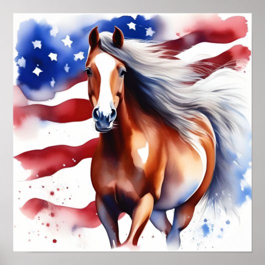 Patriottisch Paard met U.S. Flag Waterverf Poster (Voorkant)