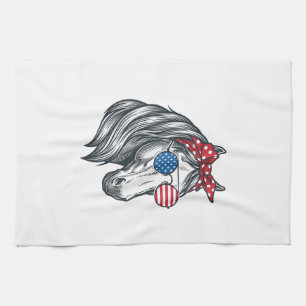 Patriottisch Paard Met Vlag Zonnebril Vintage Vect Theedoek