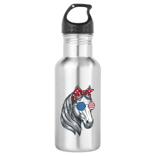 Patriottisch Paard Met Vlag Zonnebril Vintage Vect Waterfles