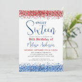 Patriottisch Red Blue Glitter Sweet 16 Birthday Pa Kaart (Staand voorkant)