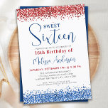 Patriottisch Red Blue Glitter Sweet 16 Birthday Pa Kaart<br><div class="desc">Viel je speciale dag met onze liefdevolle zestien verjaardagsfeestuitnodigingen! Ons moderne en elegante ontwerp is voorzien van een chic, girale aanraking met glitteraccenten en een rood, wit en blauw kleurenschema. Show van je militaire trots met een Amerikaans vlaggenthema dat perfect is voor elk meisje dat van de Verenigde Staten houdt!...</div>