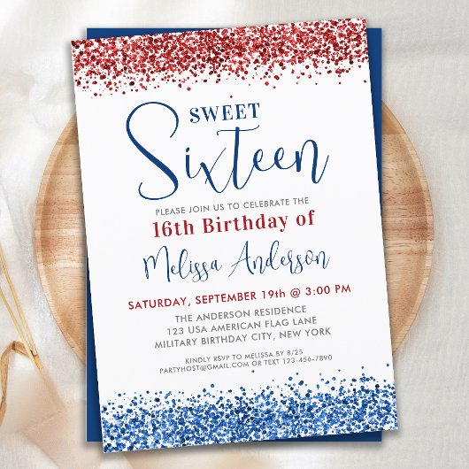 Patriottisch Red Blue Glitter Sweet 16 Birthday Pa Kaart