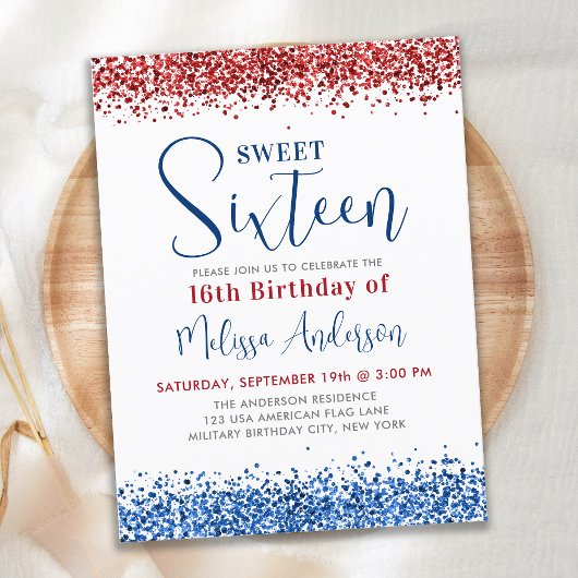 Patriottisch Red Blue Glitter Sweet 16 Birthday Pa Uitnodiging Briefkaart