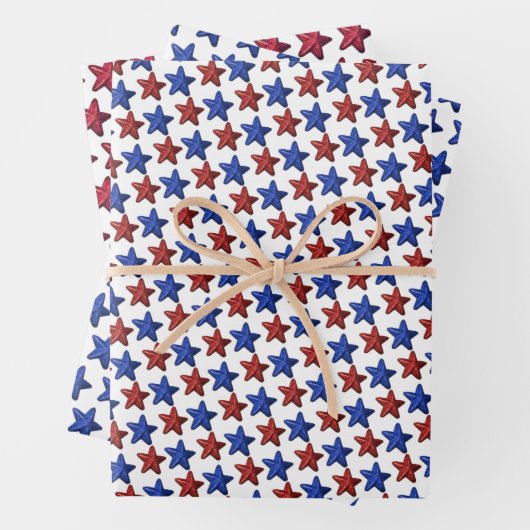 Patriottisch rood blauw glitter stars patroon op w inpakpapier vel (In situ)