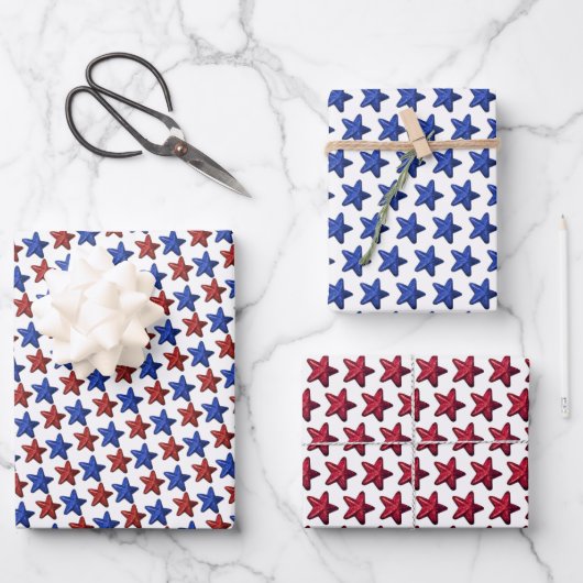 Patriottisch rood blauw glitter stars patroon op w inpakpapier vel (Voorkant)