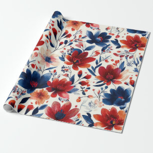 Patriottisch Rood Blauw Wit Bloemmotief (10) Cadeaupapier