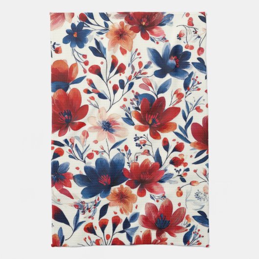 Patriottisch Rood Blauw Wit Bloemmotief (10) Theedoek (Verticaal)