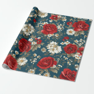 Patriottisch Rood Blauw Wit Bloemmotief (11) Cadeaupapier