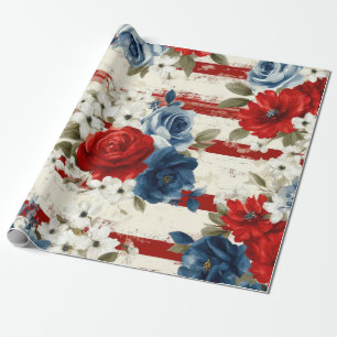 Patriottisch Rood Blauw Wit Bloemmotief (2) Cadeaupapier