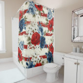 Patriottisch Rood Blauw Wit Bloemmotief (2) Douchegordijn (In situ)