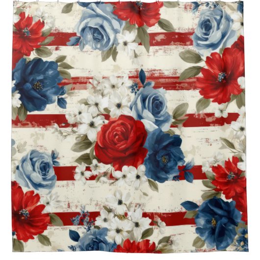 Patriottisch Rood Blauw Wit Bloemmotief (2) Douchegordijn (Voorkant)