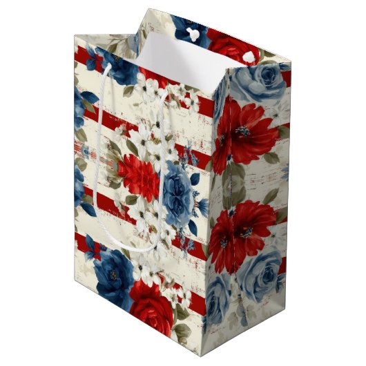 Patriottisch Rood Blauw Wit Bloemmotief (2) Medium Cadeauzakje (Voorkant Gekanteld)