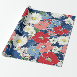 Patriottisch Rood Blauw Wit Bloemmotief (3) Cadeaupapier
