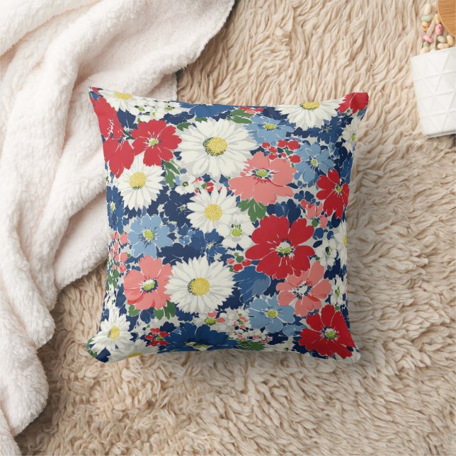 Patriottisch Rood Blauw Wit Bloemmotief (3) Kussen (Deken)