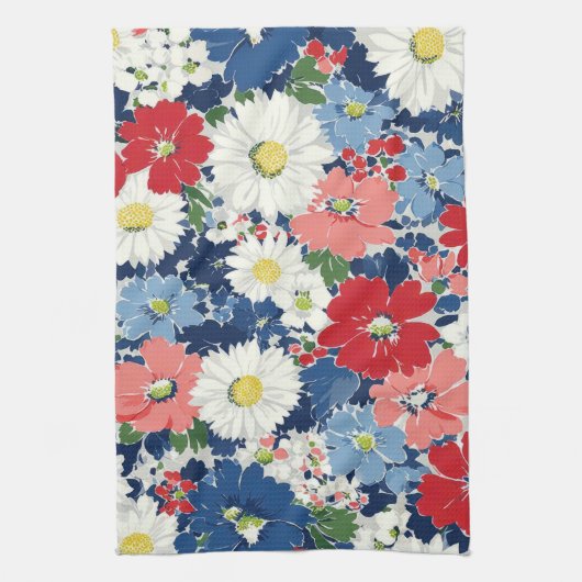 Patriottisch Rood Blauw Wit Bloemmotief (3) Theedoek (Verticaal)