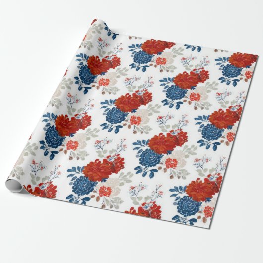 Patriottisch Rood Blauw Wit Bloemmotief (4) Cadeaupapier (Uitgerold)