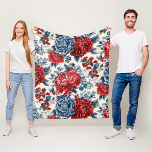 Patriottisch Rood Blauw Wit Bloemmotief (7) Fleece Deken (In situ)