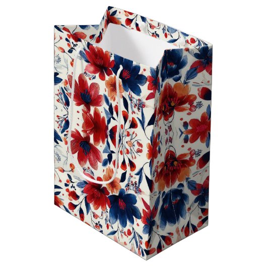 Patriottisch Rood Blauw Wit Bloemmotief (7) Medium Cadeauzakje (Voorkant Gekanteld)