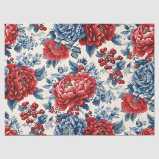 Patriottisch Rood Blauw Wit Bloemmotief (7) Tissuepapier (Voorkant)