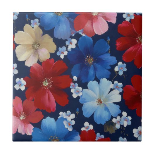 Patriottisch Rood Blauw Wit Bloemmotief (9) Tegeltje (Voorkant)