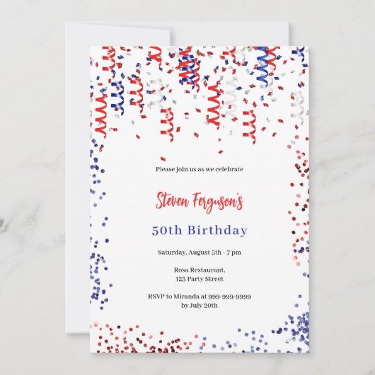 Patriottisch rood blauw wit confetti verjaardagsfe kaart (Voorkant)