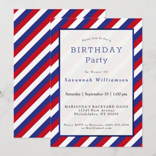 Patriottisch rood, blauwe streep, geboortedag kaart (Voorkant / Achterkant)