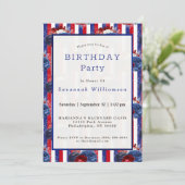 Patriottisch rood, blauwe streep, geboortedag kaart (Staand voorkant)