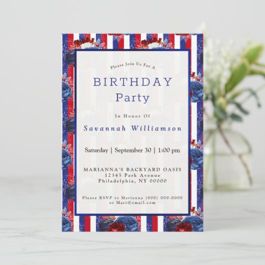 Patriottisch rood, blauwe streep, geboortedag kaart (Staand voorkant)