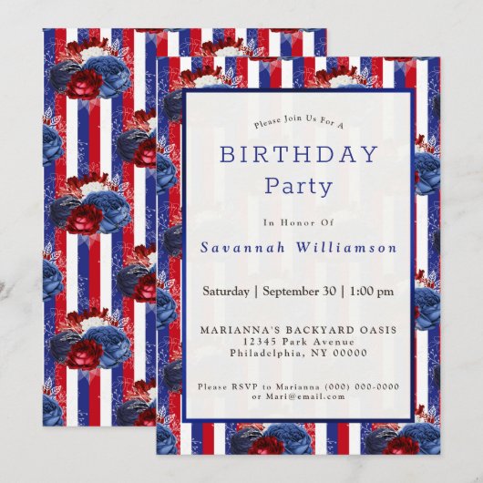 Patriottisch rood, blauwe streep, geboortedag kaart (Voorkant / Achterkant)