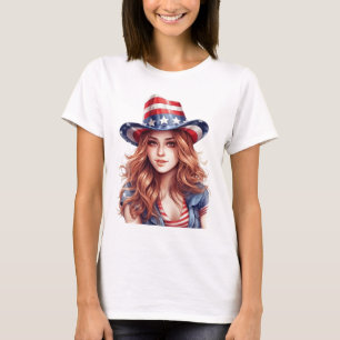 PATRIOTTISCH ROOD HAARMEISJE MET COWBOY PET T-SHIRT