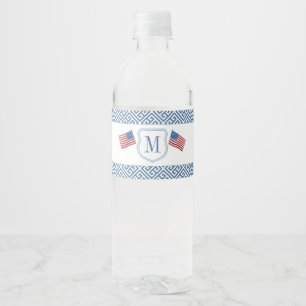 Patriottisch rood wit blauw monogram bruiloft waterfles etiket