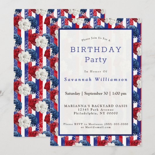 Patriottisch rood wit blauw Roos Stripe Birthday Kaart (Voorkant / Achterkant)