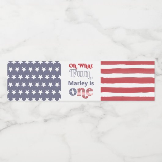 Patriottisch rood wit blauwe retro 1e verjaardag waterfles etiket (Enkel label)