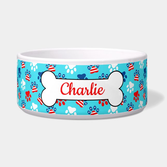 Patriottisch rood wit en blauw hond poten patroon voerbakje (Voorkant)