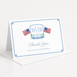 Patriottisch rood wit en blauw monogram bruiloft bedankkaart