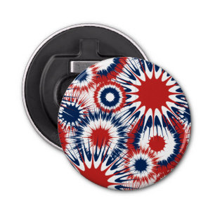 Patriottisch rood wit en blauw vuurwerk button flesopener