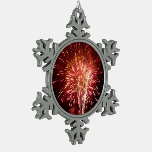 Patriottisch rood, wit en blauw vuurwerk II Tin Sneeuwvlok Ornament (Links)