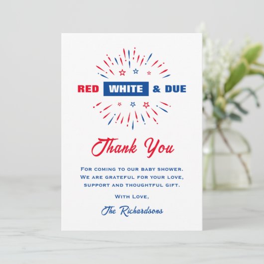 Patriottisch rood wit en dikwijls 4 juli Baby show Bedankkaart (Staand voorkant)