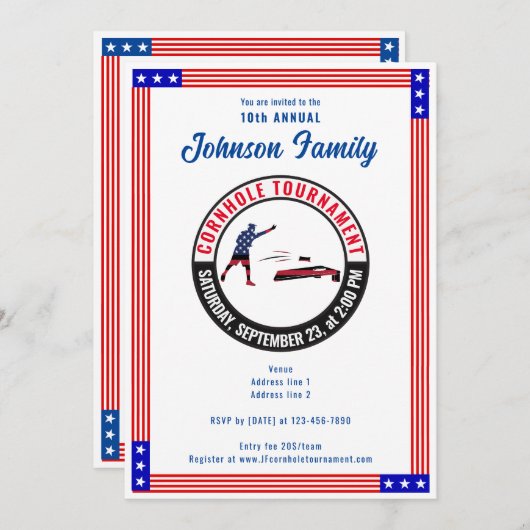 Patriottisch US Flag Sack Toss Cornhole Toernooi Kaart (Voorkant / Achterkant)