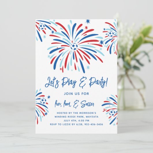 Patriottisch Voetbal & Vuurwerk 4 juli Feest Kaart (Staand voorkant)