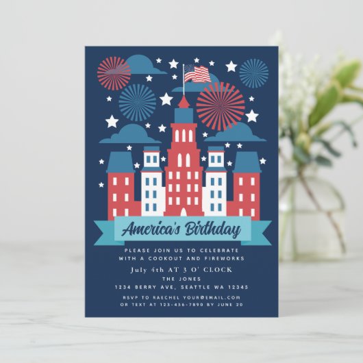 Patriottisch Vuurwerk 4 juli Cookout uitnodiging (Staand voorkant)
