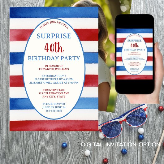 Patriottische 40e Red White Blue Surprise Verjaard Kaart