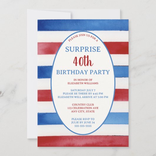 Patriottische 40e Red White Blue Surprise Verjaard Kaart (Voorkant)
