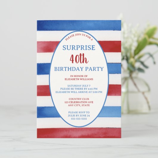 Patriottische 40e Red White Blue Surprise Verjaard Kaart (Staand voorkant)