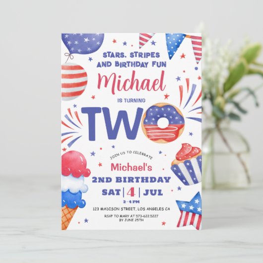 Patriottische 4 juli Jongen 2e Verjaardag Uitnodig Kaart (Staand voorkant)