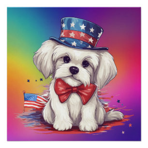 Patriottische 4 juli witte Mooie Puppies Hond-4356 Perfect Poster