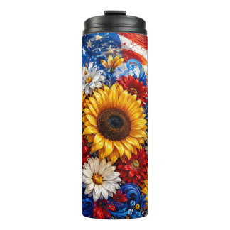 Patriottische 4 juli zonnebloem Amerikaanse vlag Thermosbeker