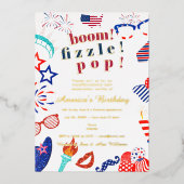 Patriottische 4th of July Vierde Boem Fizzle Pop B Folie Uitnodiging (Voorkant)