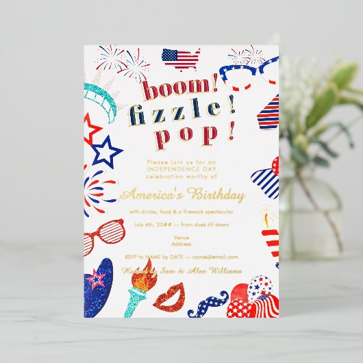 Patriottische 4th of July Vierde Boem Fizzle Pop B Folie Uitnodiging (Staand Voorkant)