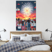 Patriottische 4th of July Vuurwerk Viering Menigte Canvas Afdruk (Insitu (Slaapkamer))
